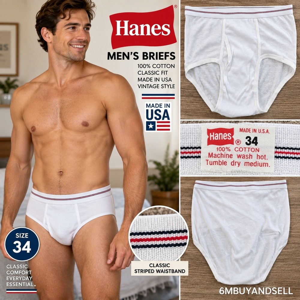 Vintage Hanes Mens White Briefs 34 Made in USA 100% Cotton Striped Waistband